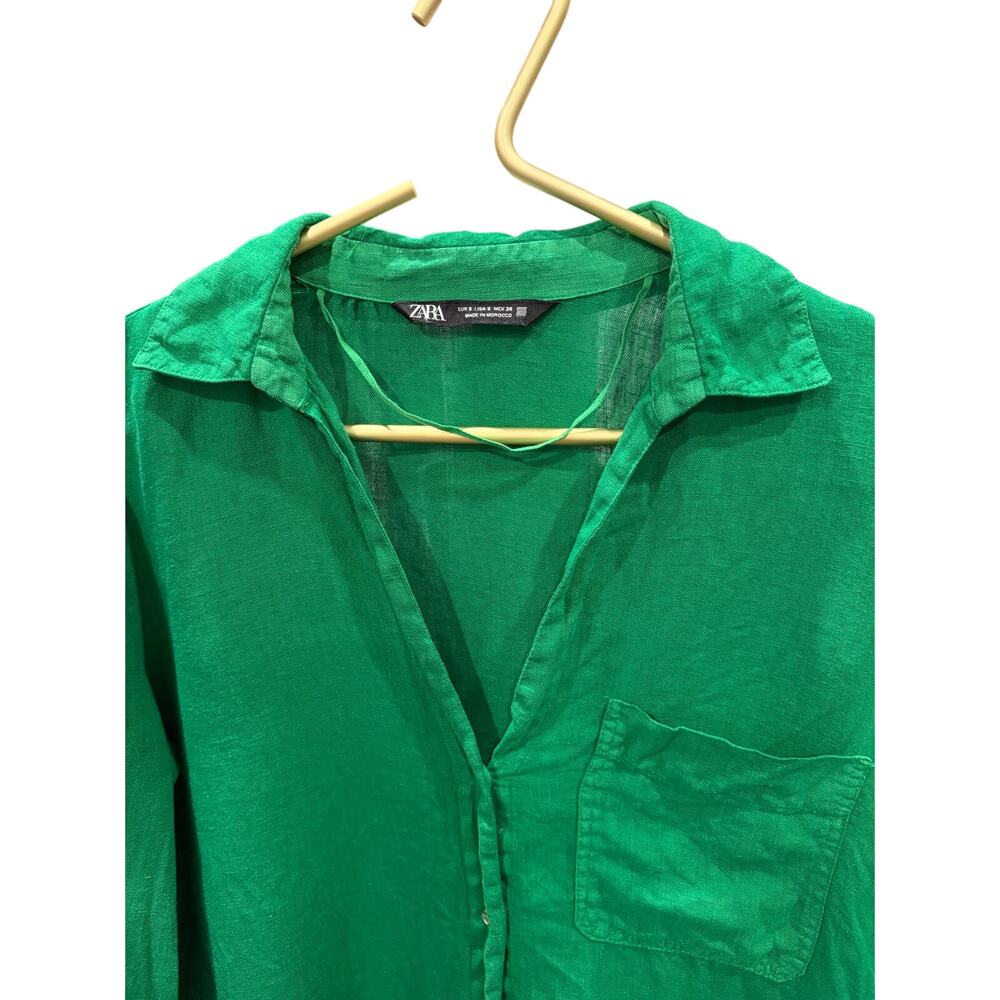ZARA Emerald Green Linen Blend Gold Button Roll Up Tab Shirt Top S EUC - Picture 5 of 8